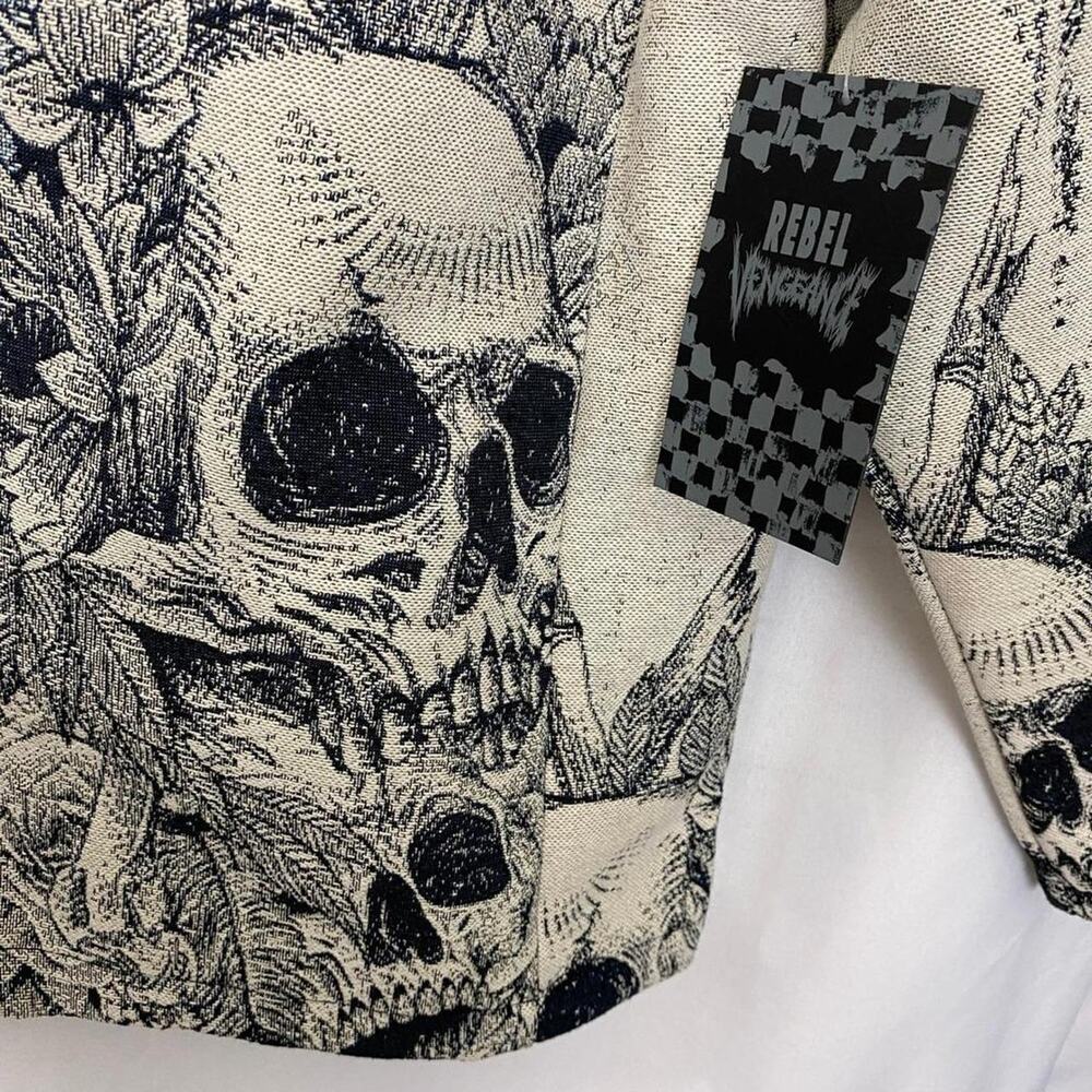 Rebel Vengeance Mens Gothic Skull Tapestry Jacket L Navy Skater Grunge Punk NWT - Picture 3 of 8